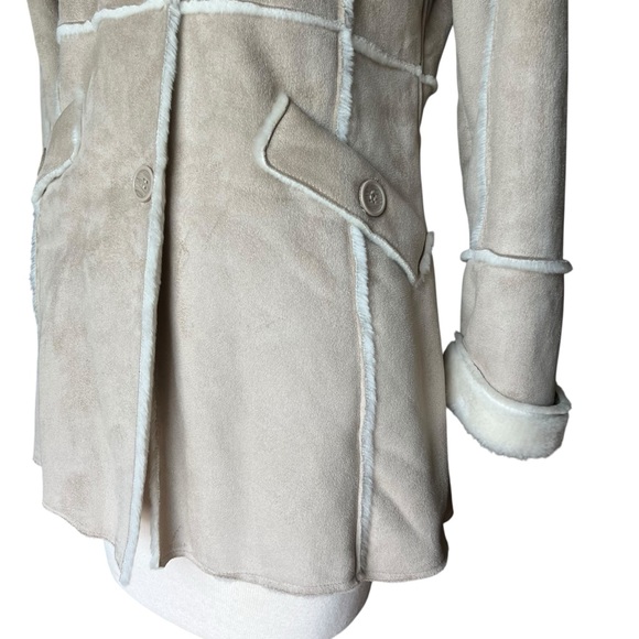 VINTAGE 90s Cream Faux Suede & Fur Hooded Coat Size Large - Picture 3 of 15